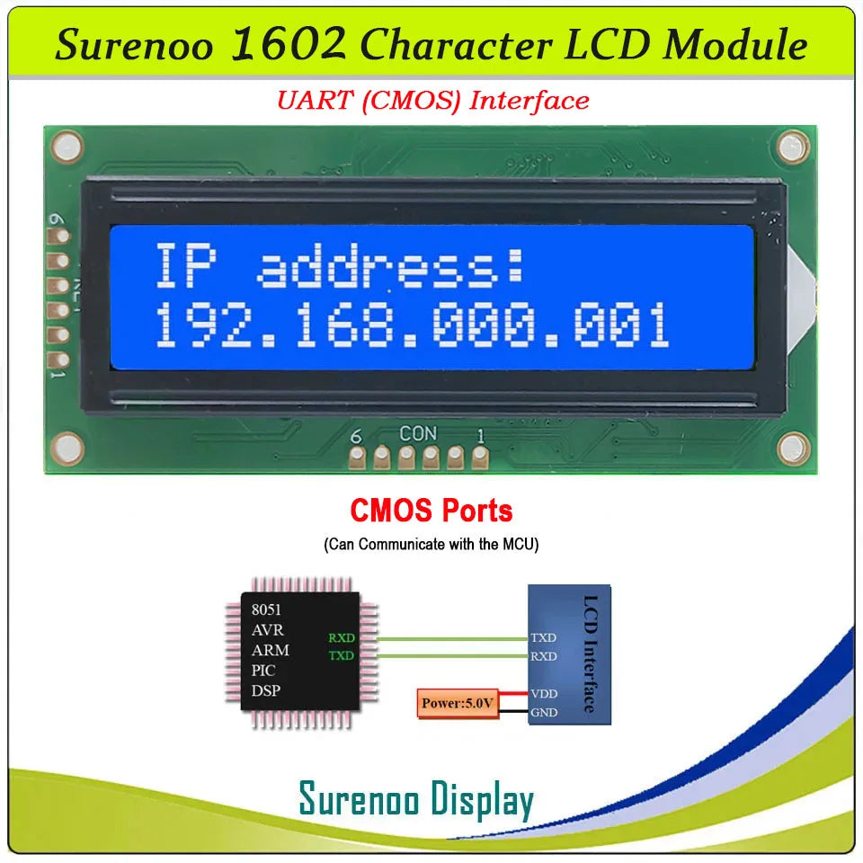 1602 162 16*2 Serial UART CMOS / RS232 Character LCD Module Display Screen LCM for Arduino Support Keyboard Blue Yellow Green