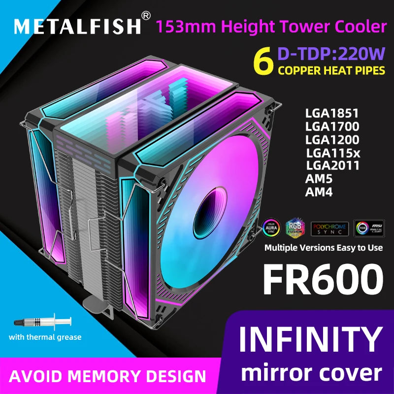Metalfish CPU Air Cooler 4 6 Heat Pipe PC Radiator Cooling ARGB PWM 12cm Fan For 1851/1700/1200/115X/AM5/AM4/2011/X79/X99