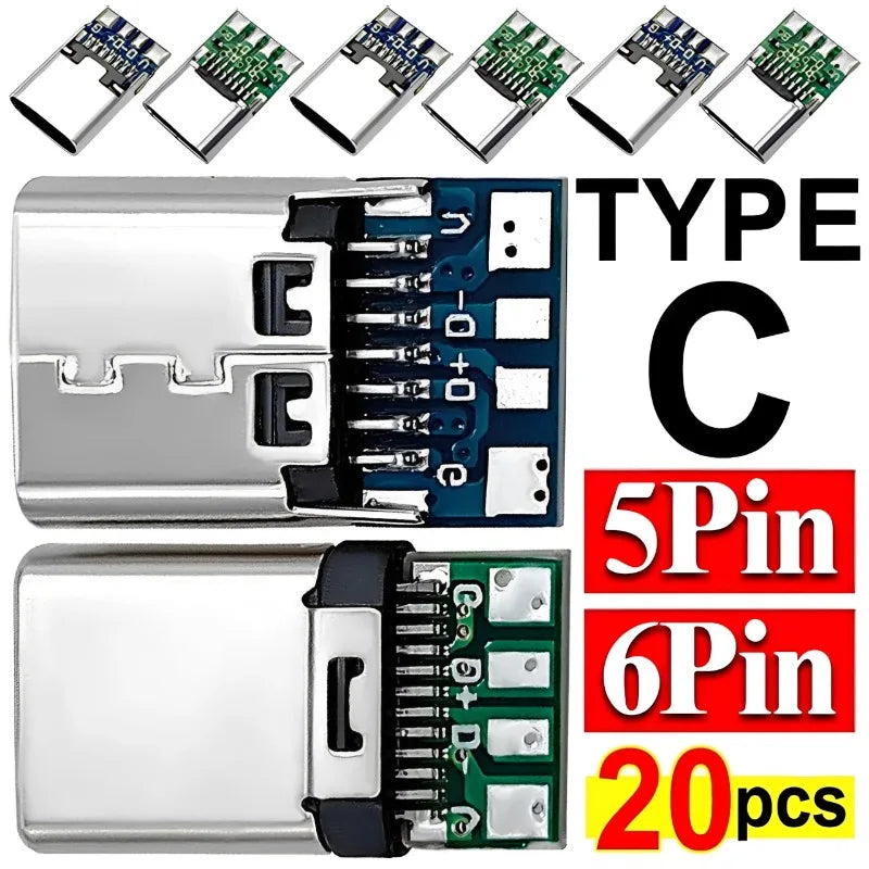 5/6Pin Usb Electric Terminals Welding DIY Data Cable Support PCB Board Type C Female Connectors Jack with Dual 5.1K Resistors