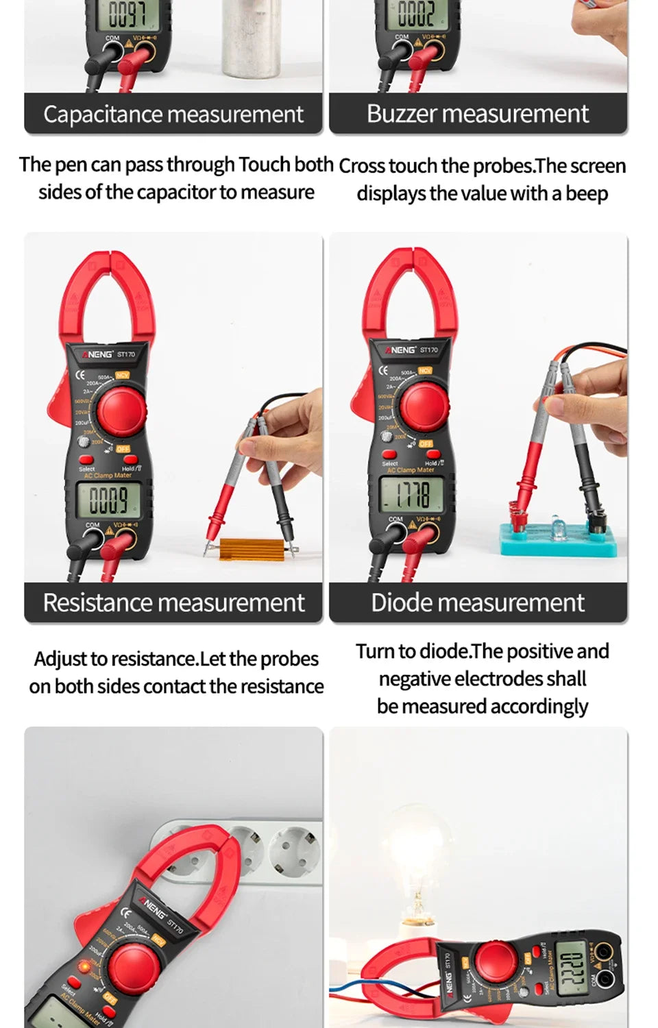 ANENG ST170 Clamp Meter Digital Multimeter Tester 500A AC Current AC/DC Voltage+B18 Highlight Voltage Tester Pen Electrician Set