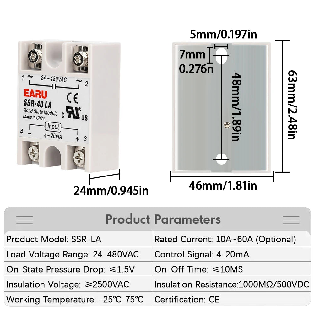 SSR-10LA SSR-25LA SSR-40LA SSR Solid State Relay Current Type Regulator Voltage Regulator AC24-480V Output 4-20mA Module Input