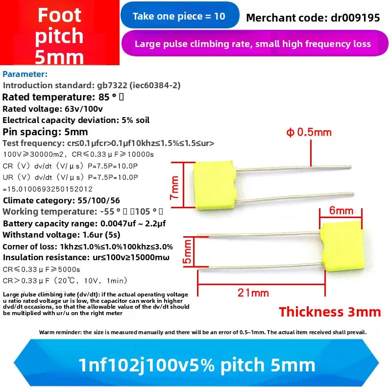 10PCS 100V Correction Capacitor Polypropylene Safety Plastic Film 100V 1nF ~ 470nF 100nf 220nf 10nf 47nf 22nf 1nf 0.47uf 0.1uf