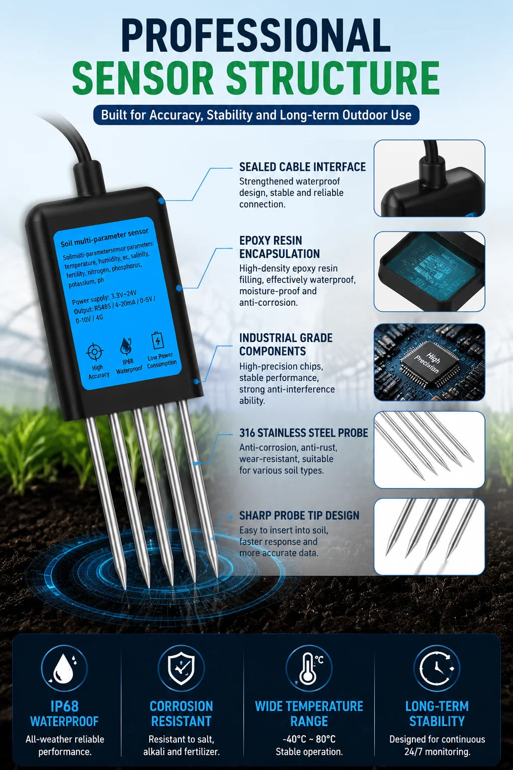 High Precision Agriculture Soil Sensor Moisture Temperature Humidity EC PH NPK with Optional 4-20mA 0-5V RS485 Output