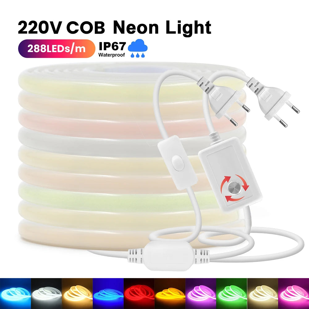 220V Led COB Neon Strip Light Dimmer Switch Power Plug Kit White Blue Pink Red Purple Yellow 5m 20m 30m 0.5m 288LED/m Flex Decor