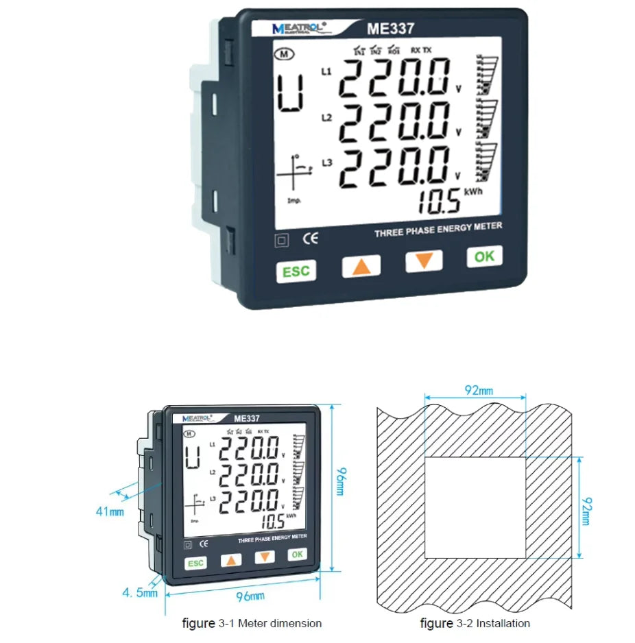 Three Phase Multi-function Smart Meter ME337 RS485 Rogowski coil LCD Digital Power Energy Panel meter
