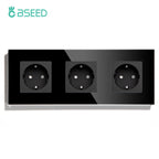 BSEED EU Standard 1/2/3Gang 2Way Wall Touch Switch Light Sensor Switches Wall Socket USB Type-C Crystal Glass Panel 240V Black
