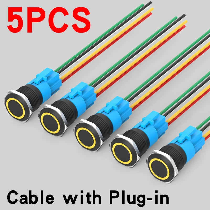 5PCS 16/19/22mm Metal Button Switch  Black Shell Flat Head Waterproof LED Momentary Reset Latching Button Switch 12V 24V 220V