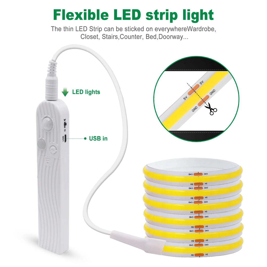 3MM 5MM 8MM COB LED Light Strip 5V 320LEDs PIR Motion Sensor Flexible Night Light USB/AAA Battery Powered Tape 3000K 4000K 6000K