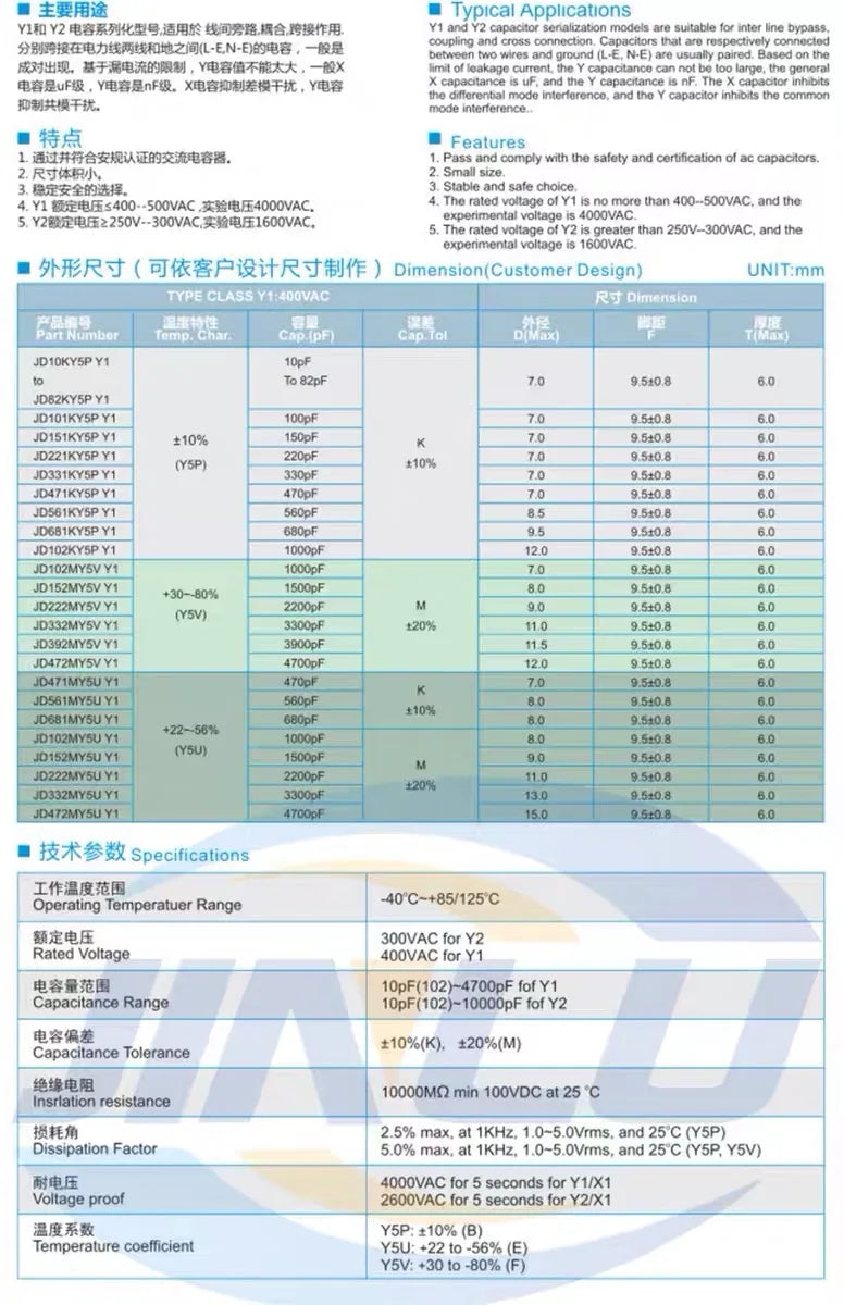 50pcs X1 Y1 Y2 safety capacitor 400V 250V 100PF 150PF 220PF 330PF 470PF 680PF 1NF 1.5NF 2.2NF 3.3NF 4.7NF 10NF 101 102 103 472