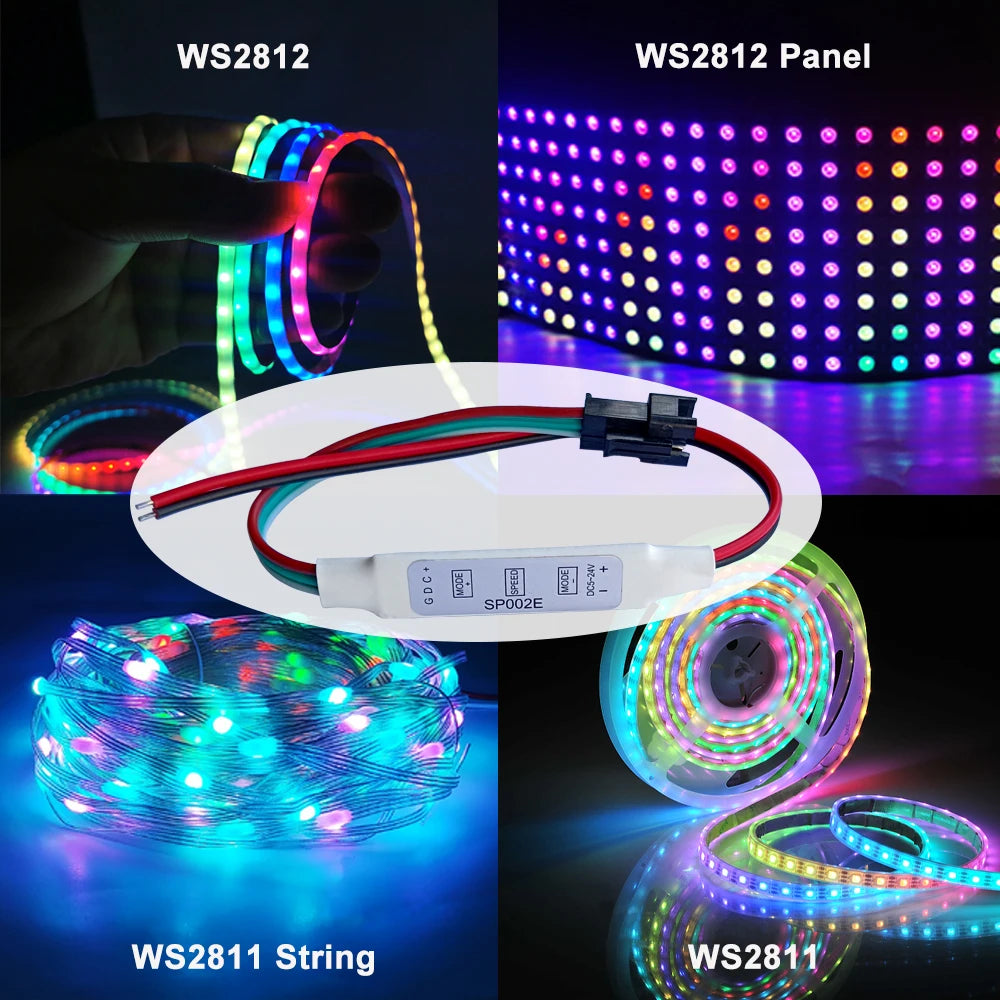 SP002E Mini 3-Key 3PIN/4PIN LED Controller DC5V-24V for RGBIC WS2811 WS2812 WS2813 WS2815 Individually Addressable LED Strip