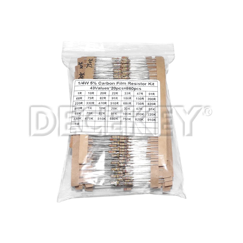 860pcs 1/4W Carbon Film Resistor Kit 5% Resistance Assorted Set 43valuesX20pcs 1R - 1M Ohm 0.25W Sample Pack