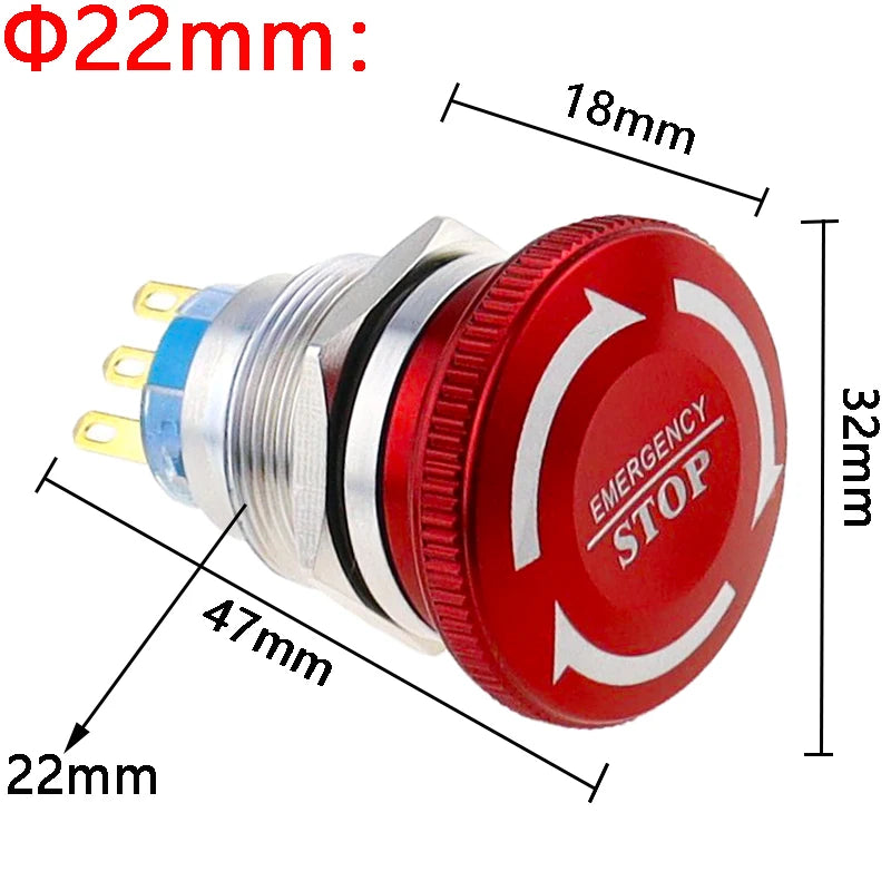 1pc 16mm 19mm 22mm Waterproof Metal Latching Emergency STOP Mushroom Push Button Switch Button Switch Knob Rotary Switch