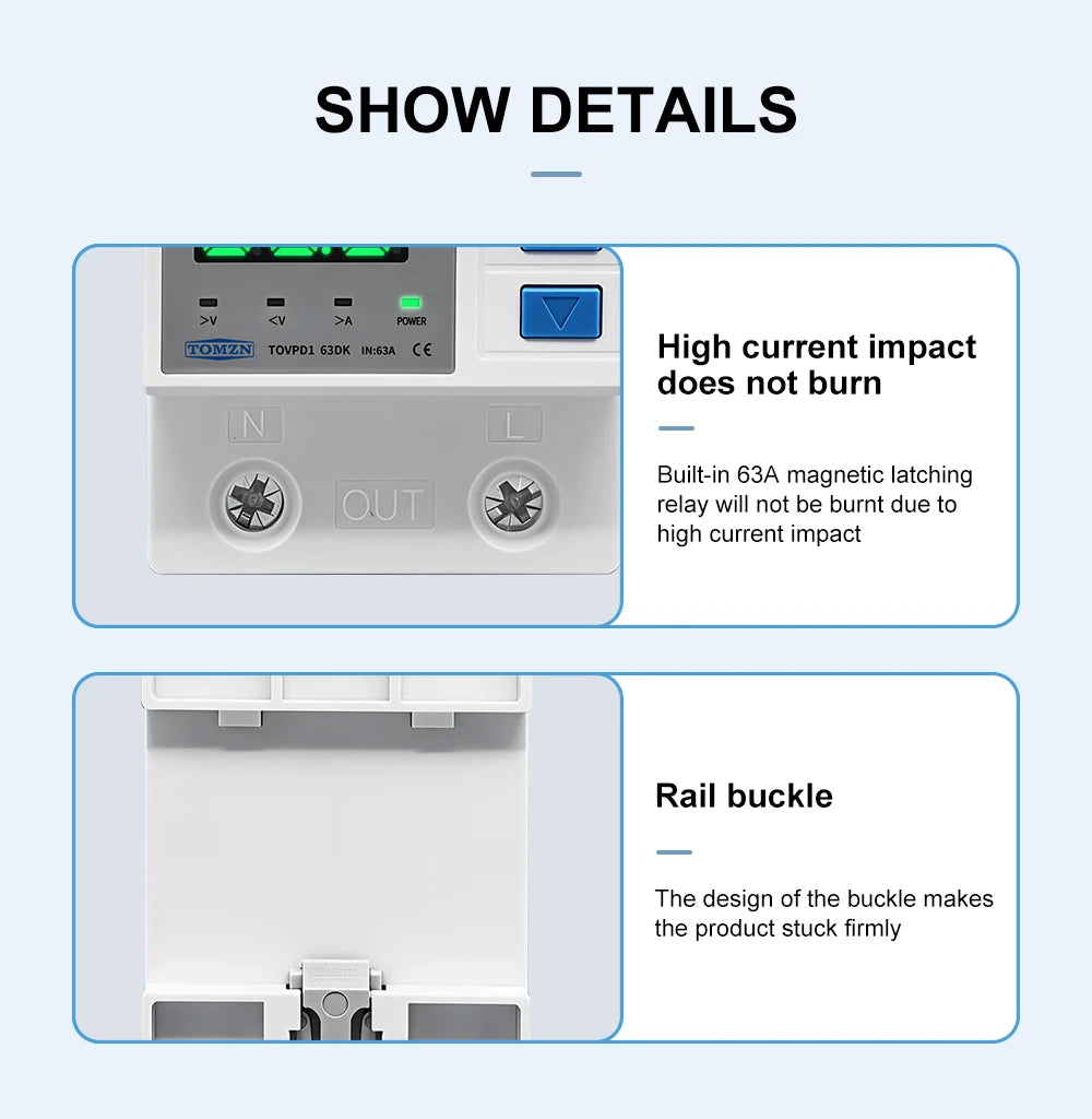 TOMZN TOVPD1-63DK Isolate L N 110V 230V AC Din Rail OVP OCP UVP Voltage Protector 63A Relay Automatic Adjustable Delay-ON