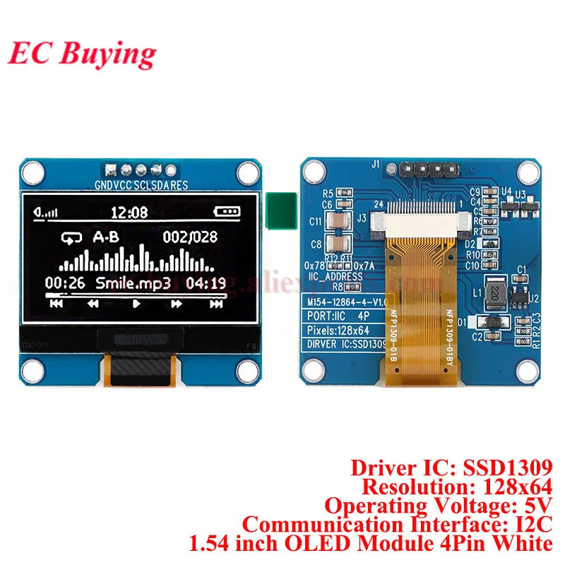 1.54 inch OLED Module 1.54” Display LCD Screen Resolution 12864 128x64 SSD1309 Driver Blue White Yellow 4Pin/7Pin IIC Interface
