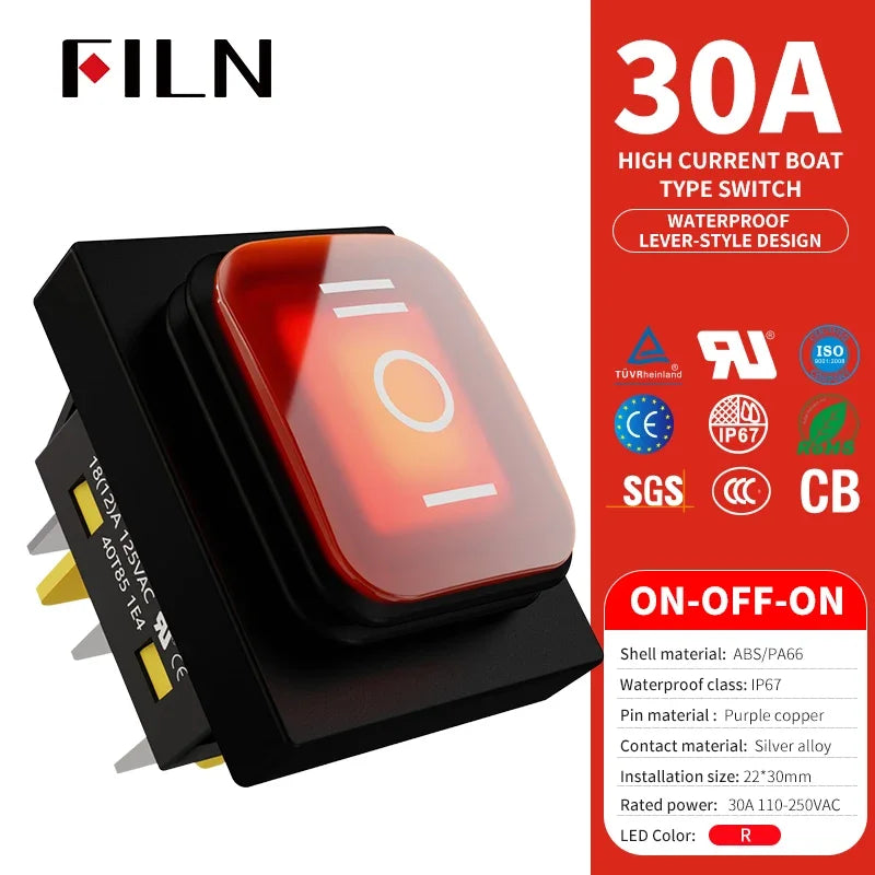 30A/250V Heavy Duty 4 Pin DPST IP67 Sealed Waterproof T85 Auto Boat Marine Toggle Rocker Switch with LED 12V 220V 30x22