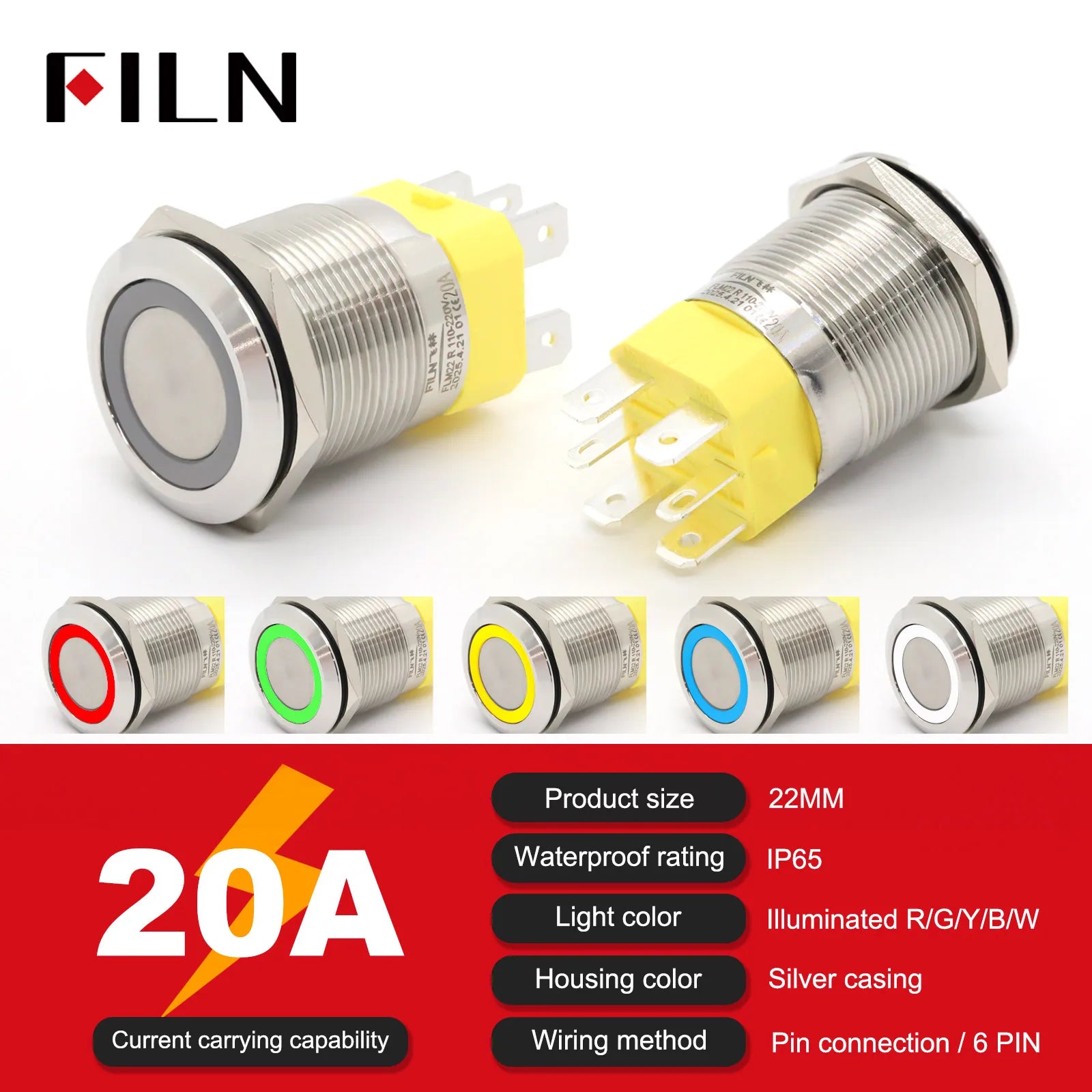19mm 22mm 20A 12V 24V 110V 220V High Current IP68 Waterproof Flat Ring Round Push Button Switch Metal Stainless Steel 20cm Wire
