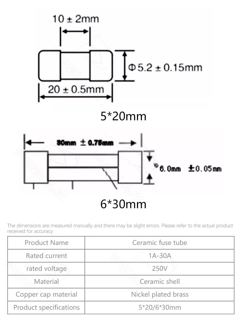 10PCS 5X20MM 6X30MM Fast Blow Ceramic Fuse 5*20mm 250V 0.1A 0.25A 0.5A 1A 1.5A 2A 2.5A 3A 3.15A 4A-30A Slow Break The Fuse Tube