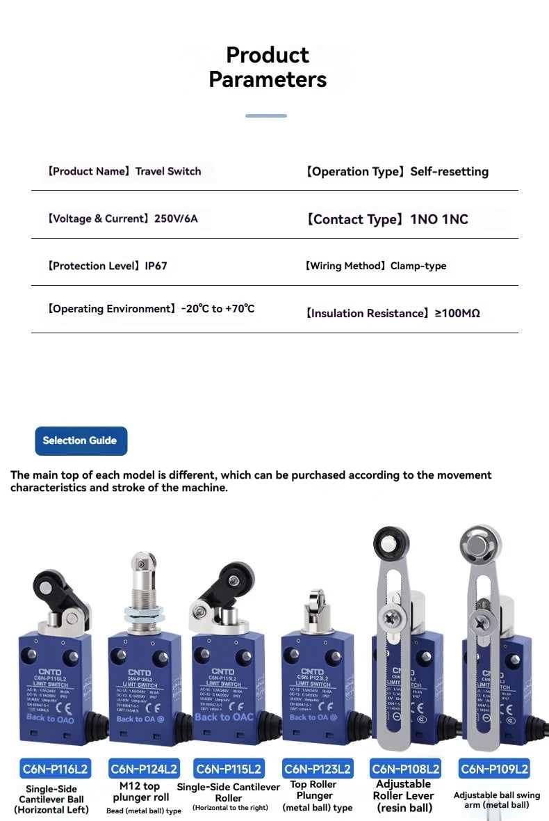CNTD Micro Limit Switch C6N Series C6N‑101 C6N‑102 C6N‑111 C6N‑121 1NO1NC 10A 250V IP67 Waterproof For Automated Machinery