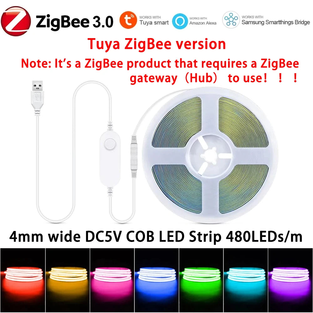 5V USB Tuya WiFi Tuya Zigbee 3mm 4mm Ultra Thin COB LED Strip Lights for Home Decor DIY Blue/Pink/Purple High Density LED Tape