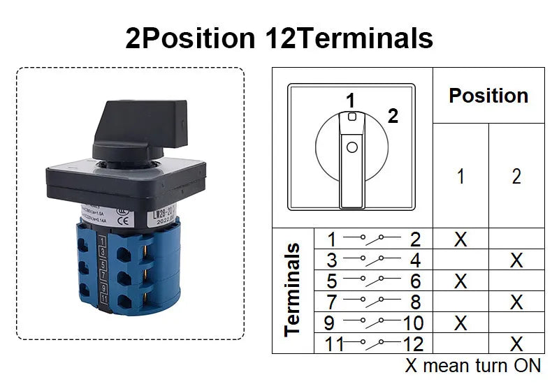 Electric 3/4 Position 12Terminals Rotary Cam Changeover Switch 500V 20A LW28-20
