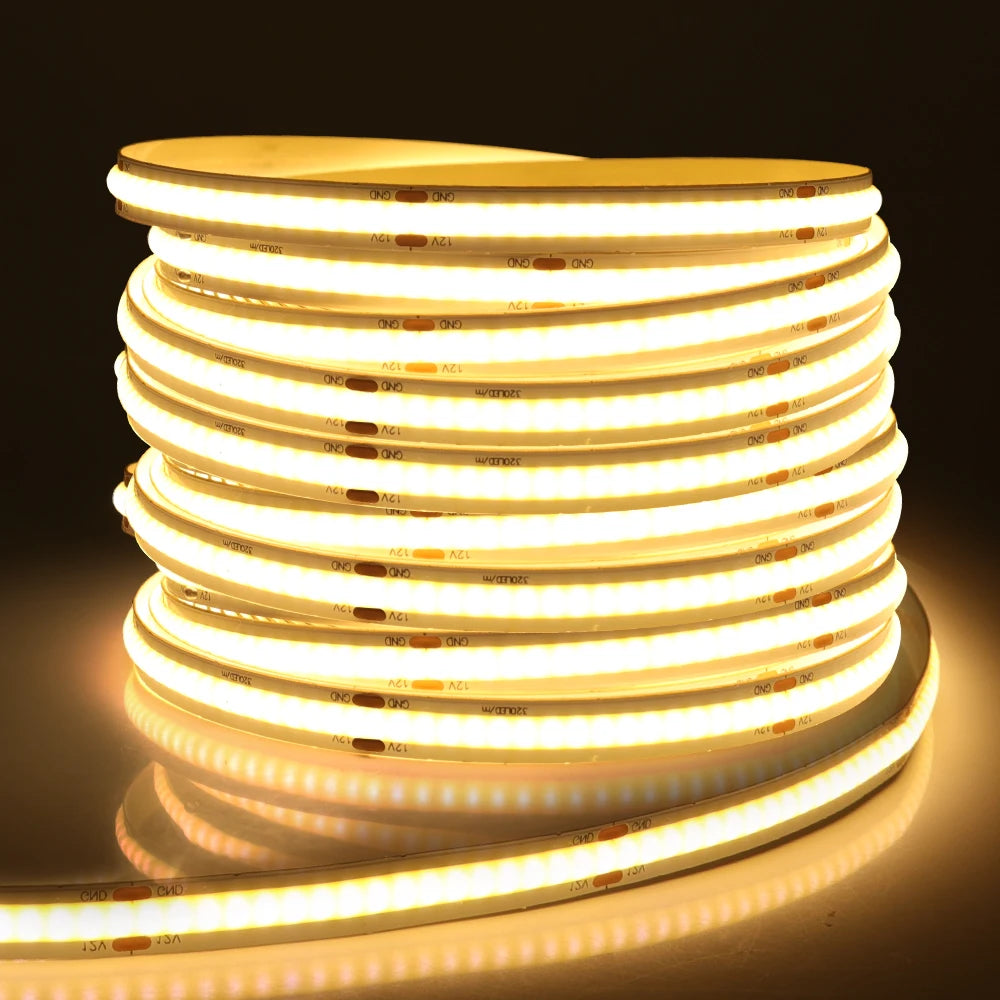 DC 12V 24V COB Strip 320Leds/M High Density RA90 White Pink Yellow Ice Blue Red Green Flexible Ribbon Rope LED Light