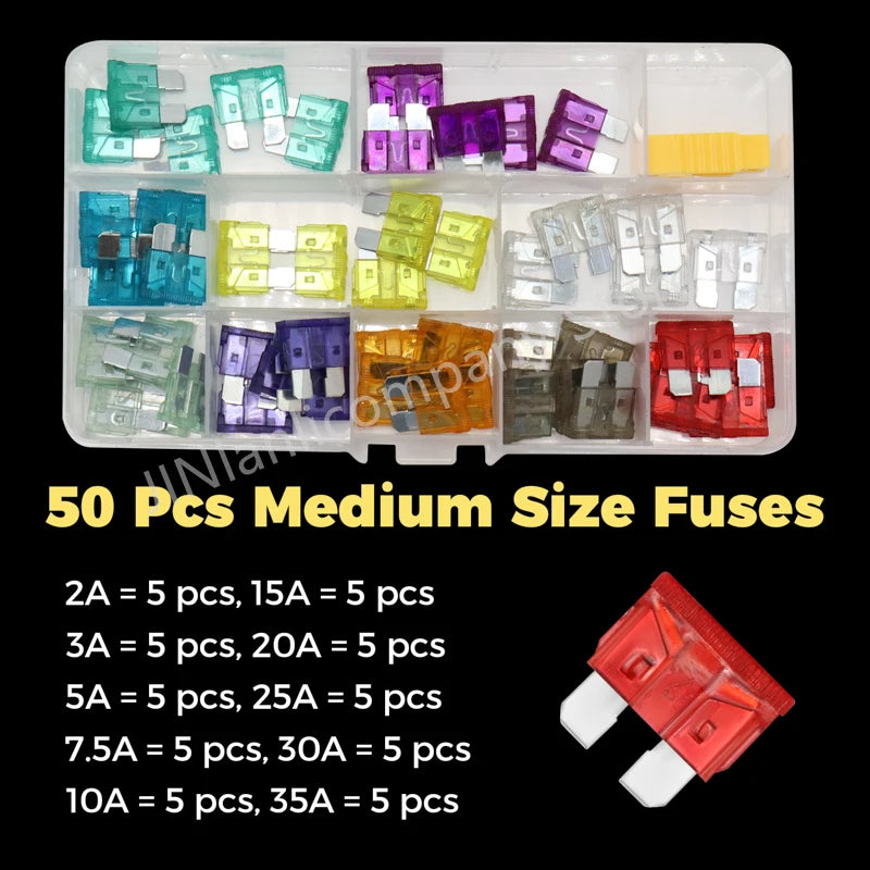 100/50pcs Car Truck Micro Blade Fuses 2A 3A 5A 7.5A 10A 15A 20A 25A 30A 35A AMP Mini Size Fuse Plastic Box Assortment with Clip