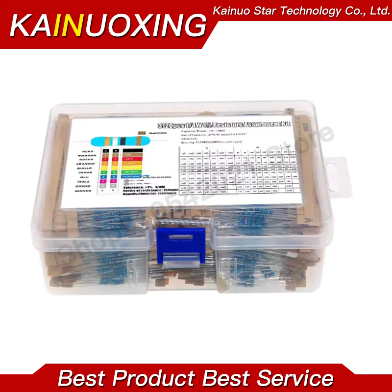 3120PCS=156Values×20PCS 1/4W 1% Metal Film Resistor Kit 1R-10MΩ Fixed Resistor Component Box