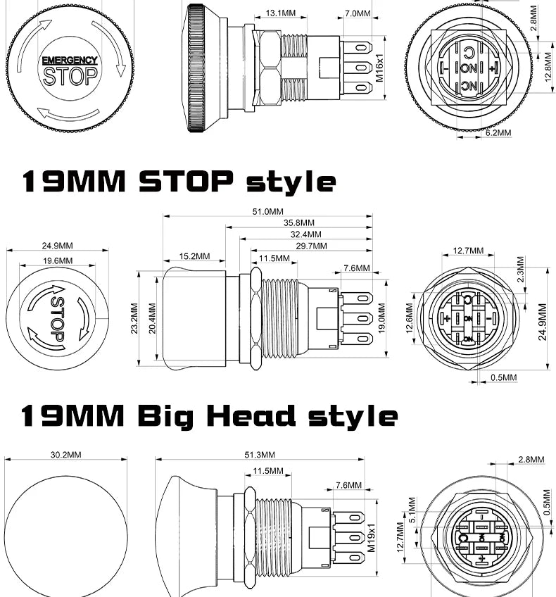 1PCS 16mm19mm22mm Metal Emergency Stop Button Switch Waterproof Mushroom Head Self-locking 3Pins 1NO1NC 6Pins 2NO2NC