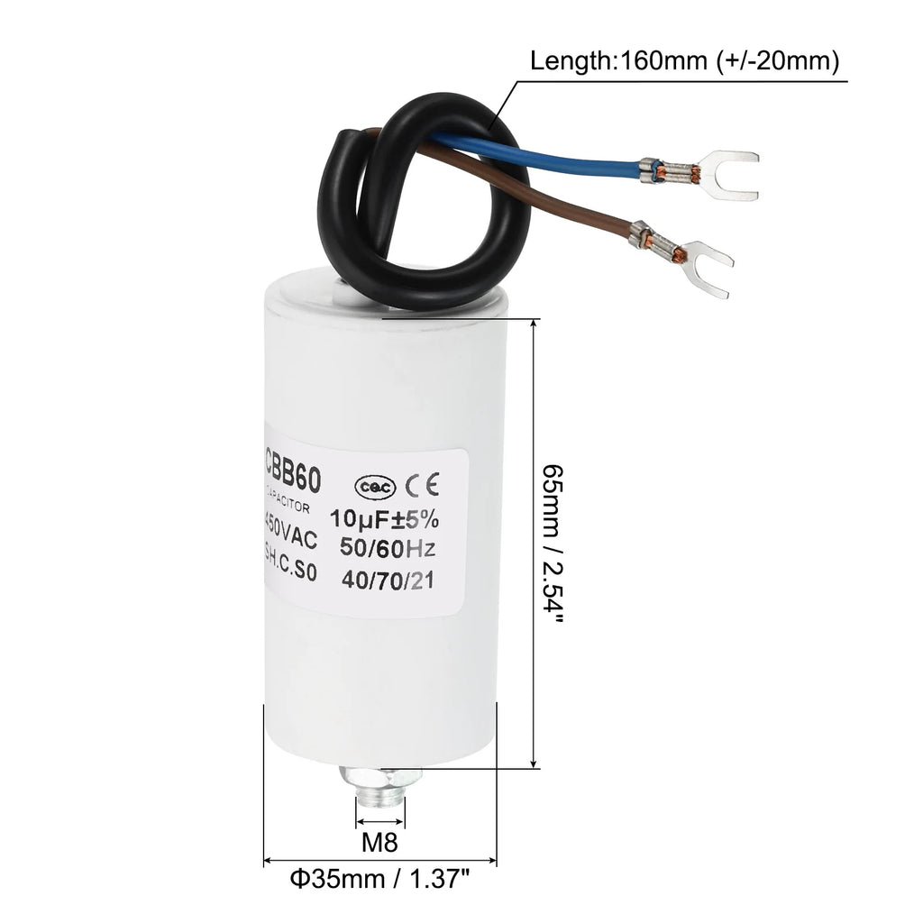 5-22uf CBB60 Run Capacitor AC 450V U Terminal Wires 50/60Hz Cylinder Bottom with M8 Screw for Washing Machine Pump Motor Star