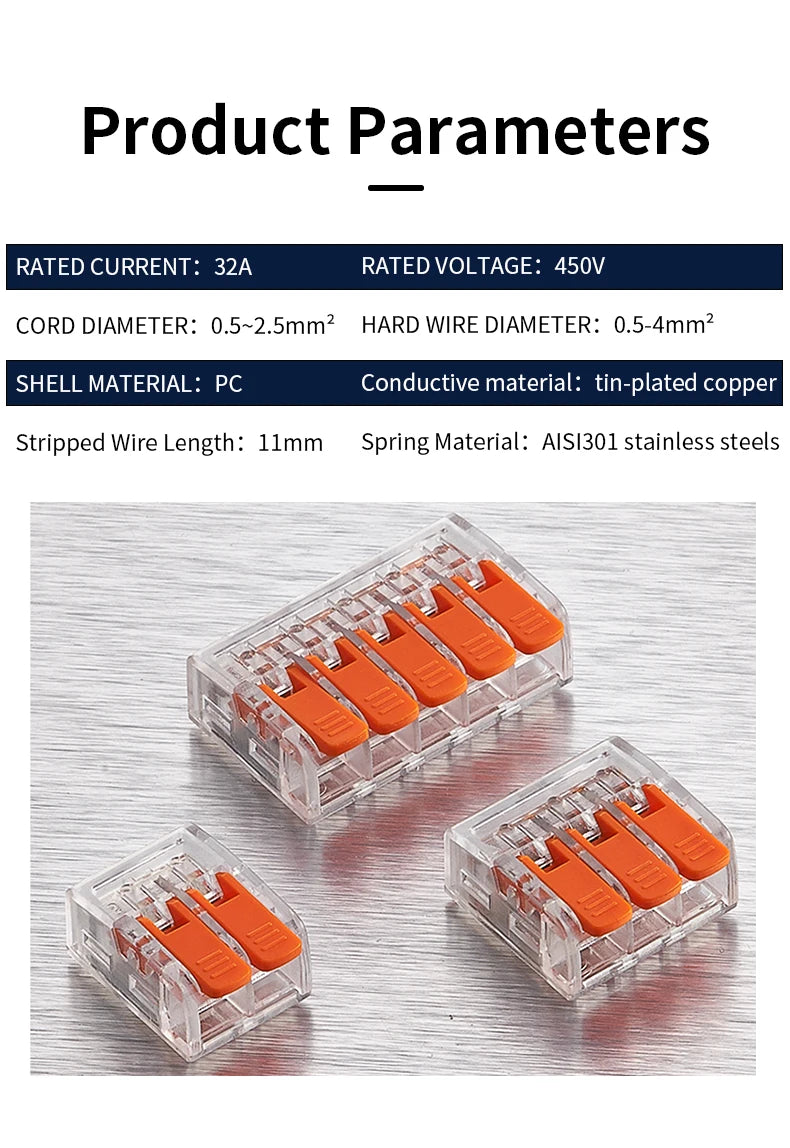 10/20/30/50Pcs Orange Electrical Splicing Compact Quick Lever Wire Connector Lighting Terminal Blocks Wide Capacity 0.2-4mm²