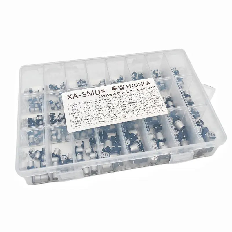 400Pcs/Lot 1UF~1000UF 10V-50V 24Value SMD Aluminum Electrolytic Capacitors Assortment Kit + Box