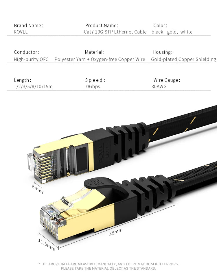 ROVLL CAT7 Ethernet Cable Flat Lan Cable STP Round RJ45 Network Cable Cat 7 Internet Cord 10Gbps Braided Patch Cord