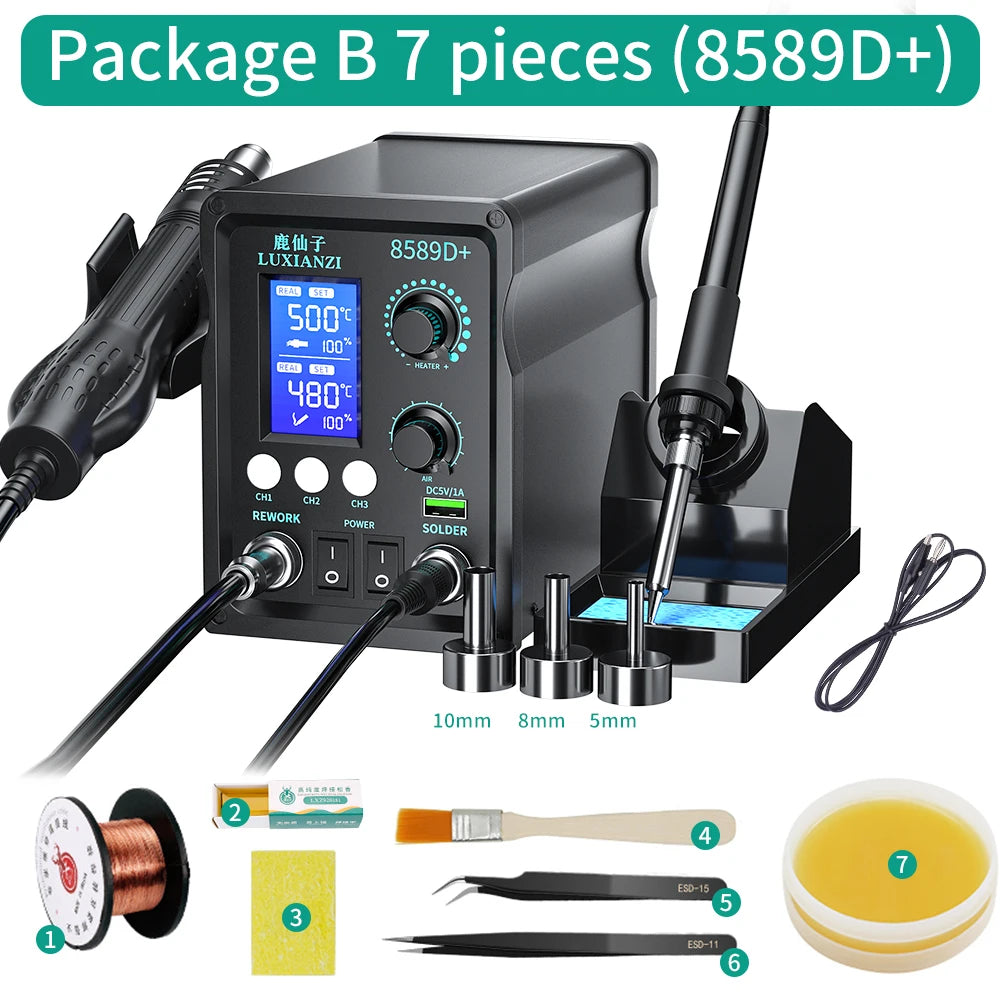 LUXIANZI 8589D+ 2 IN 1 Hot Air Gun Soldering Station With LED Digital Display For BGA PCB IC Repair Tool SMD Rework Station