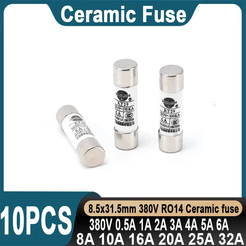 10PCS Ceramic Fuse Tube 8.5*31.5MM Ceramic Fuse 380V 0.5A 1A 2A 3A 4A 5A 6A 8A 10A 16A 20A 32A Ceramic Fuse RO14