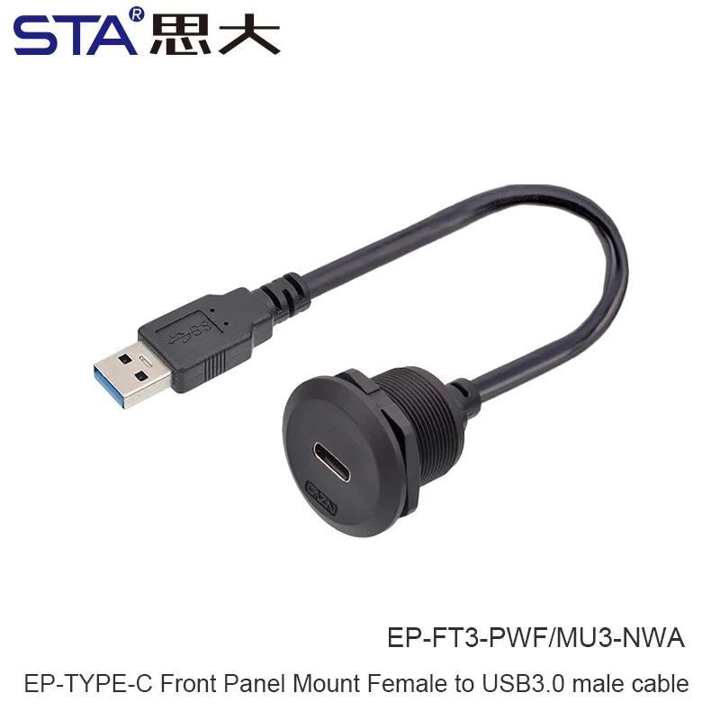 EP-TYPE-C Panel Female Socket 30cm Length with Front Installation Male Straight Plug with Thread USB3.0 Circular Connector USB-A