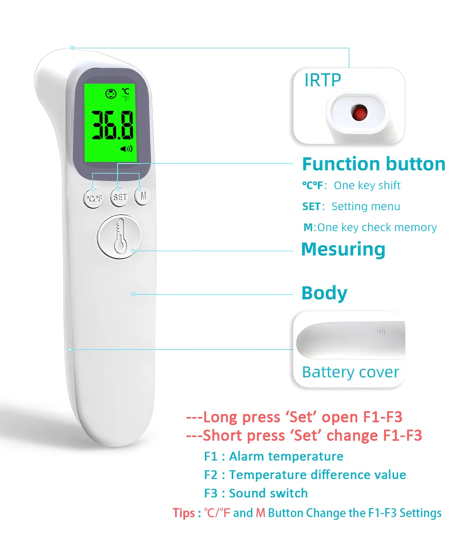 Backlit Digital Forehead Thermometer Non-contact Human body Temperature Meter Electronic Medical Baby Adult Fever Thermometer