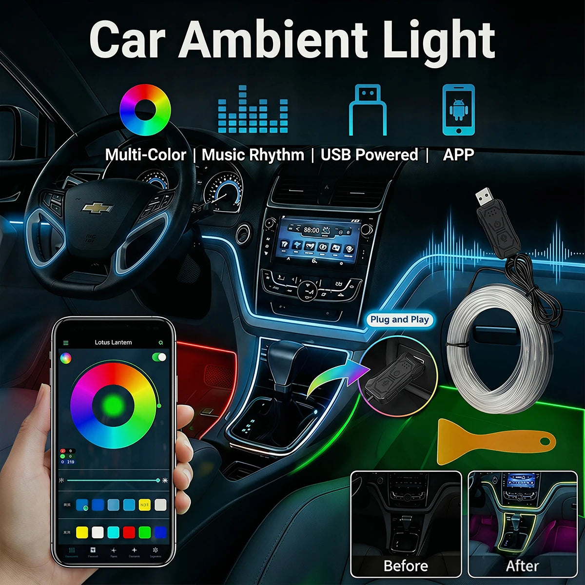 Car Interior Ambient LED Strip Lights RGB Fiber Optic Atmosphere Ultra-thin Heat-resistan Neon Lighting APP Control Decor Lamps