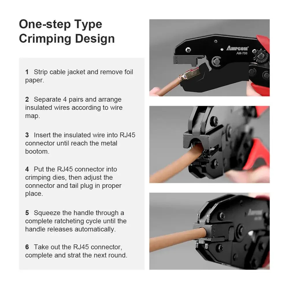 AMPCOM One-step RJ45 Ratcheting Crimper Network Tool for Cat6A, Cat7 Shielded Connector with 2pcs Replaceable Crimping Dies