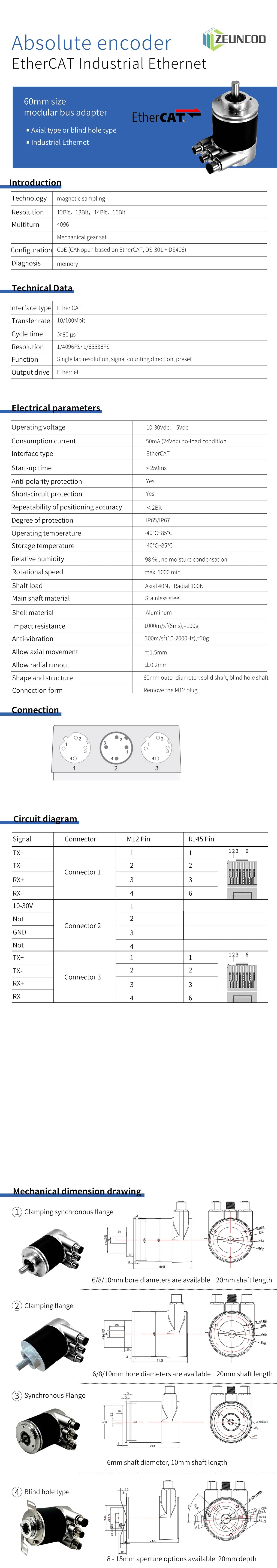 60mm EtherCAT Multi-Turn Absolute Rotary Encoder Magnetic 12-16Bit IP65/IP67 Flange Mount 10-32Vdc Industrial Position Sensor