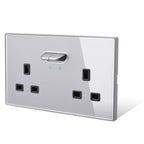146 13a Reset Toggle Tempered Glass 2Gang UK Socket Switch Combination Panel Power Socket Office Hotel Home Villa Decoration