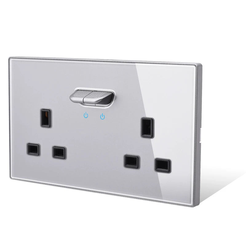 146 13a Reset Toggle Tempered Glass 2Gang UK Socket Switch Combination Panel Power Socket Office Hotel Home Villa Decoration