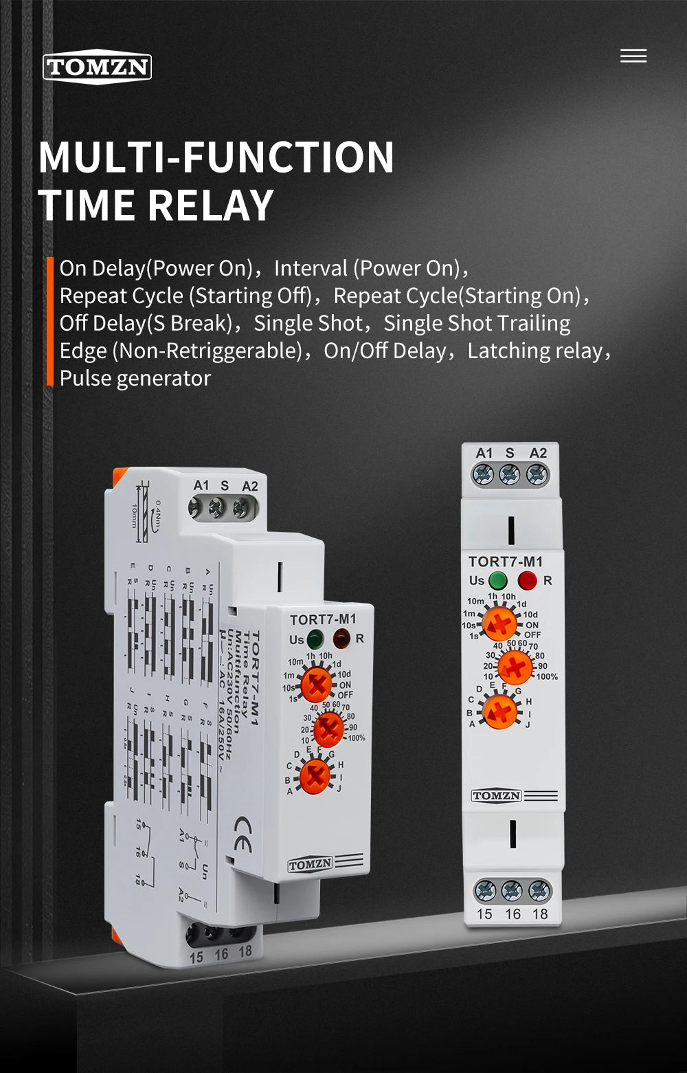 TOMZN 10IN1 Multi-function Time Relay Delay Interval Repeat Cycle Single Shot Latching Relay Pulse Generator AC230V 16A 18mm