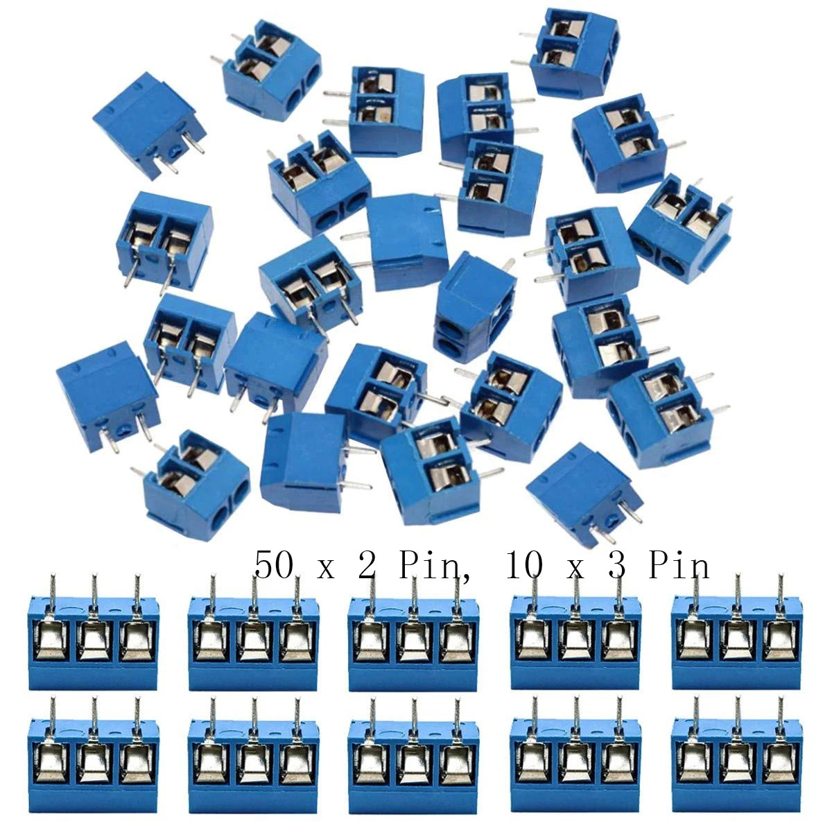 60pcs 5mm Pitch 2 Pin & 3 Pin PCB Mount Screw Terminal Block Connector for Arduino (50 x 2 Pin, 10 x 3 Pin)