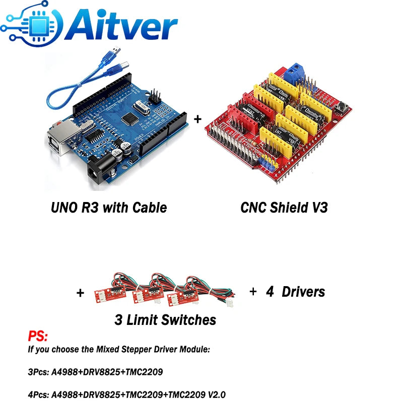 CNC Shield V3 GRBL Controller Kit for Arduino UNO with A4988 DRV8825 TMC2209 V2.0 Stepper Drivers and Limit Switches