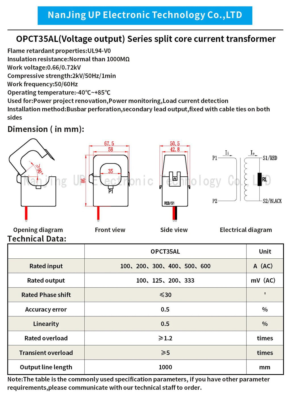 NJXSE OPCT35AGL Clamp Current Transformer 100A 200A 300A 400A 500A 600A / 1V 333mV 40mA 50mA Split Core CT with 3.5mm Jack