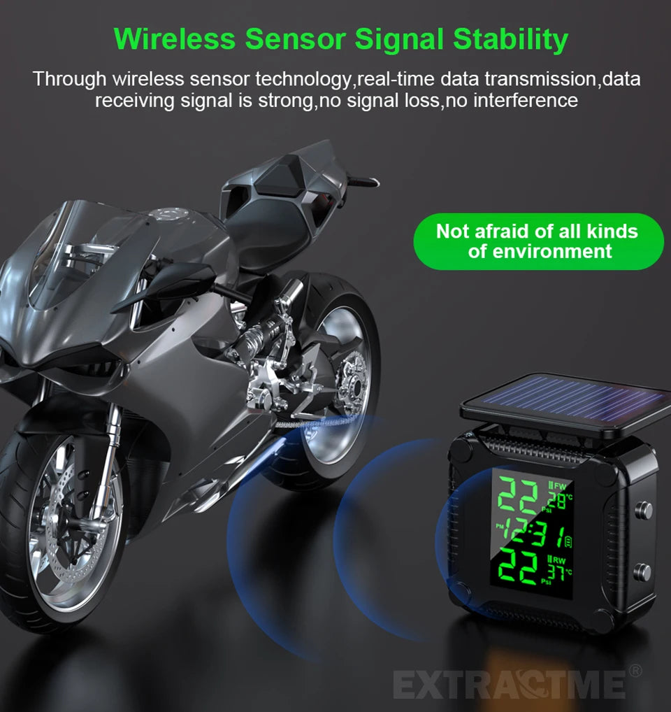 Extractme Tire Pressure Monitoring System Colorful Display Wireless TPMS Motorcycle Solar Charge Tyre Temperature Alarm Sensor