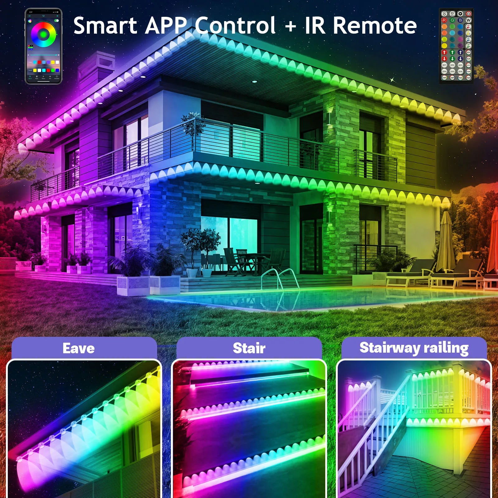 150FT Permanent Outdoor Lights, Outdoor Christmas Lights, Smart RGB App Control with 60 LEDs, LED Eaves Lights IP67 Waterproof, House Roof Outdoor Lighting for Party, Daily, Halloween, Garden