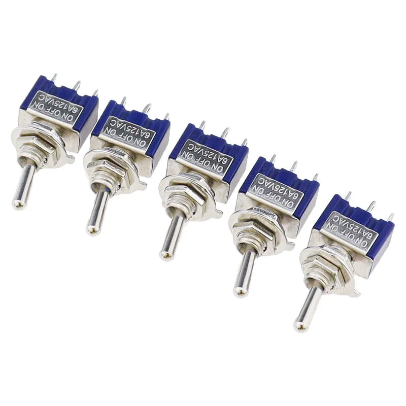 5Pcs Blue Miniature Lever Toggle Switch Single Pole Double Throw ON-OFF-ON /ON-ON 120VAC 6A 1/4 Inch Mounting MTS-102 103 202