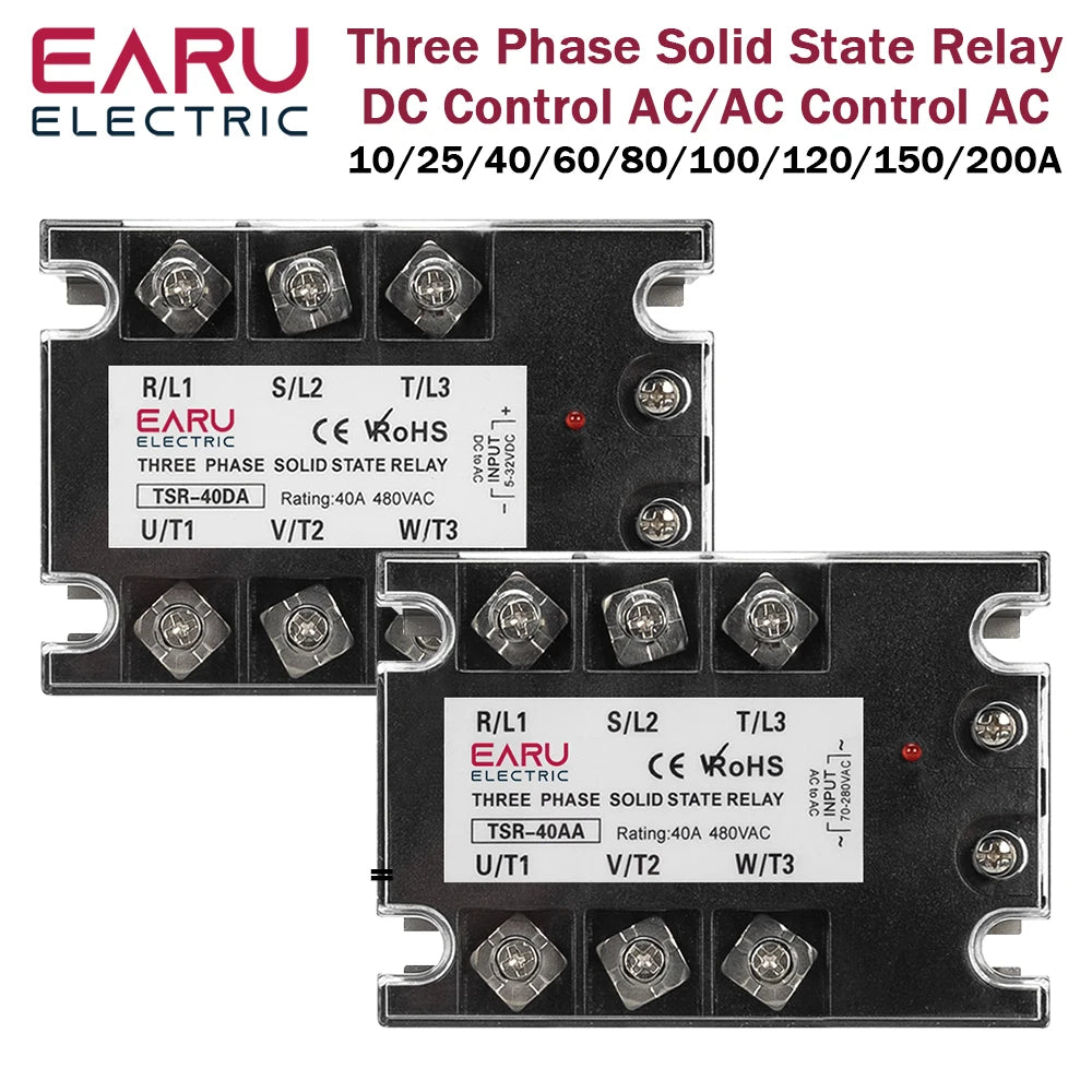 EARU Three Phase Solid State Relay Module DC Control AC SSR AC Control AC 10A 25A 40A 60A 80A 100A 150A 200A Heat Sink 480VAC