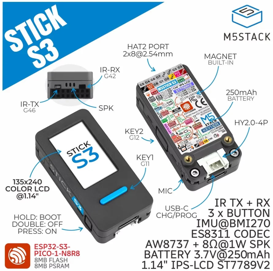 M5Stack Official M5Sticks3 ESP32S3 Mini loT Development Kit